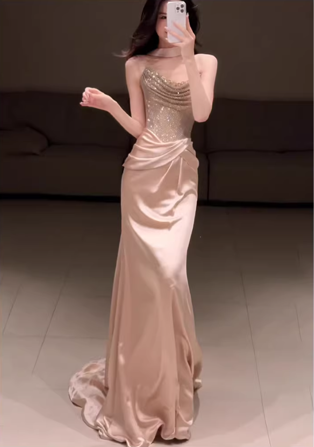 Elegant Strapless Sequin Satin Pleated Mermaid Long Party Dress Birthday Prom Dresses