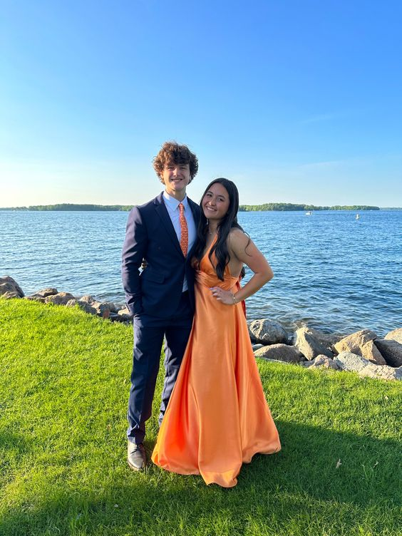 Orange A-line V Neck Prom Dress,Orange Bridesmaid Dress