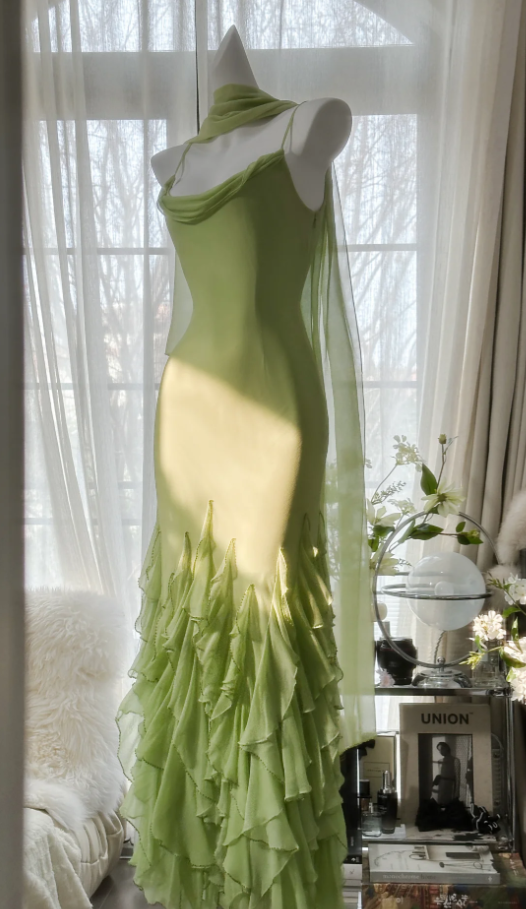 Beautiful Green Spaghetti Straps Chiffon Ruffles Mermaid Long Party Dress Birthday Prom Dresses