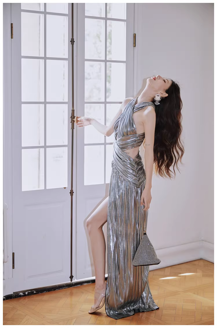 Fashion Silver Gray Satin Pleated High Slit Long Evening Dress Sexy Prom Dress