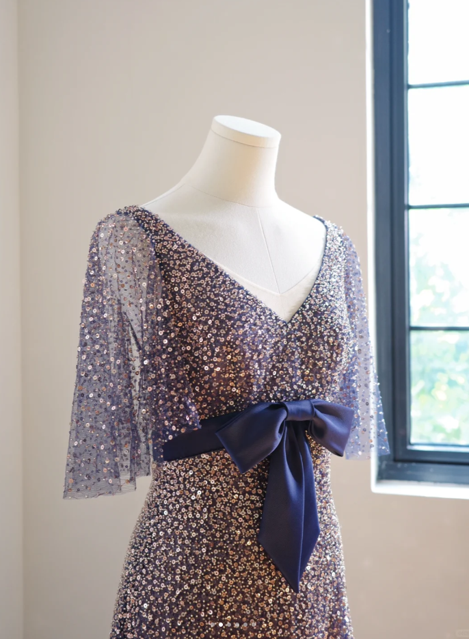 Glitter Navy Blue V Neck Tulle Sequin Beaded A Line Birthday Party Dress Long Evening Dress