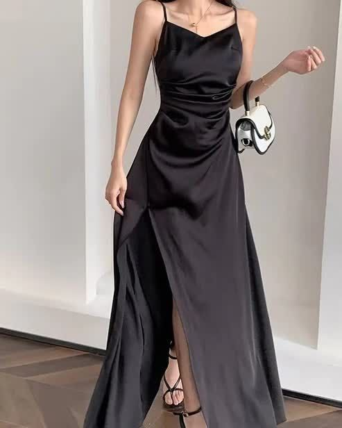 Simple Spaghetti Straps Black Slit A Line Evening Dress Long Prom Dress