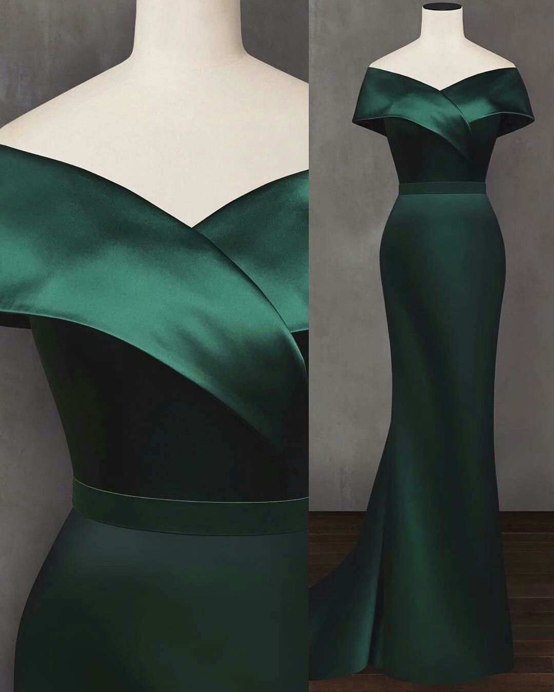 Emerald Green Evening Dress Off The Shoulder Satin Elegant Simple Mermaid Party Gowns