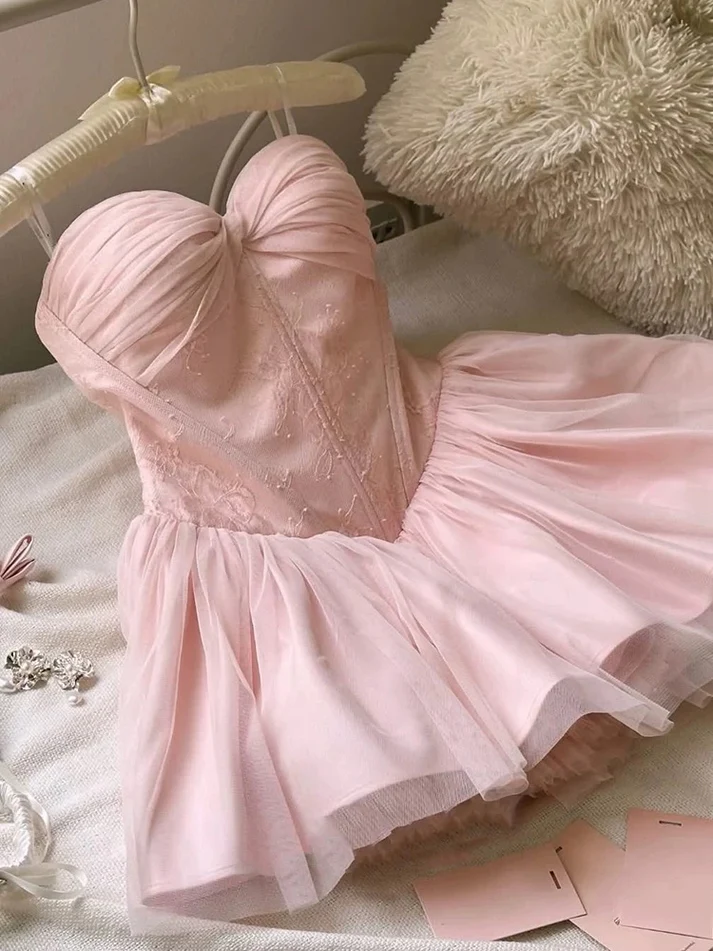 Cute Sweetheart Neck Pink Lace Short Birthday Outfits A Line Graduation Homecoming Dress