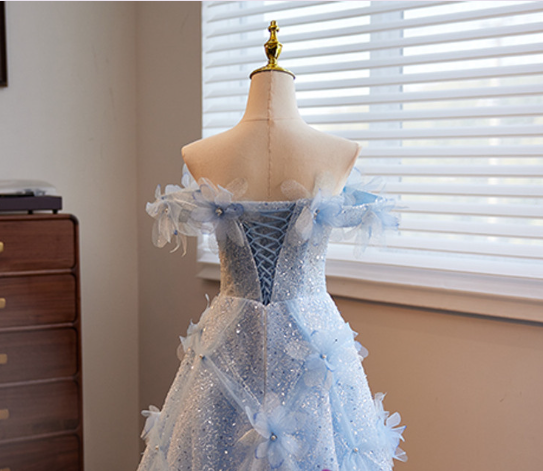 Fairy Blue Sequins Tulle Off the Shoulder 3D Flower Prom Dress Ball Gown