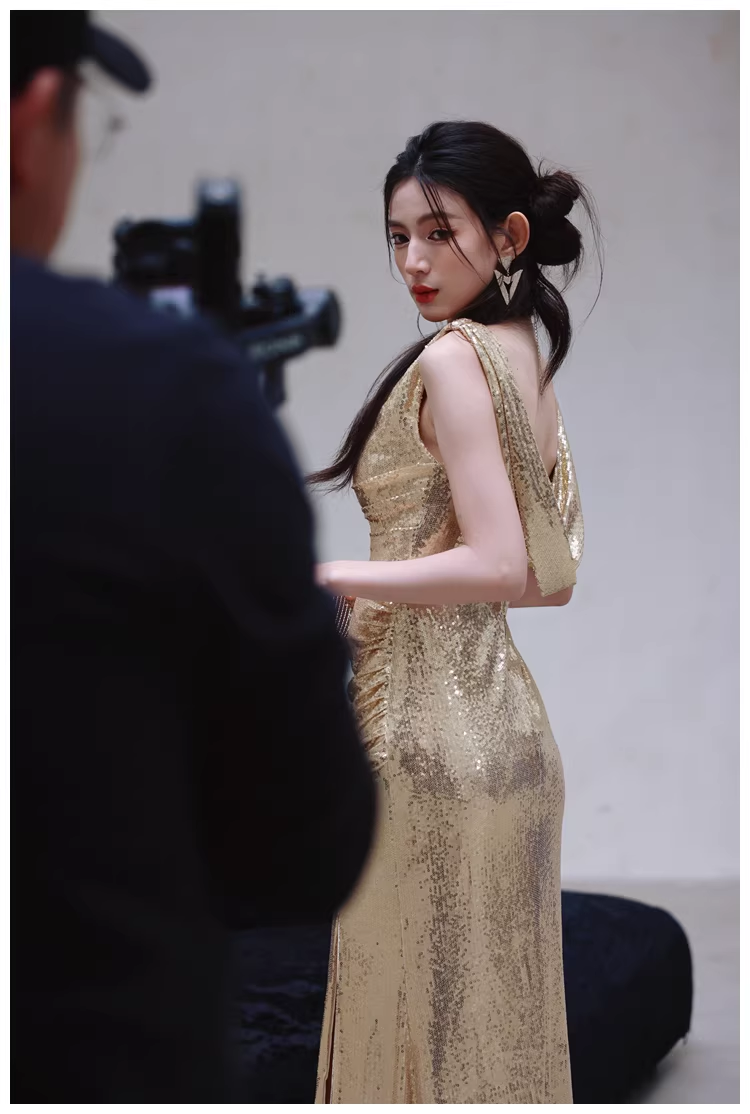 Fashion Gold Sleeveless Sequin Slit Mermaid Long Evening Dress Formal Wedding Guest Dress
