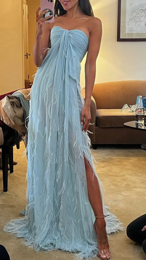 Classy Sweetheart Neck Blue Chiffon Feathers Mermaid Slit Long Party Dress Prom Dresses
