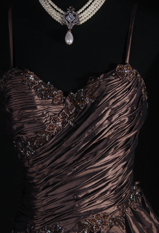 Retro Spaghetti Straps Brown Satin Pleated Beaded Long Party Dress Birthday Dress