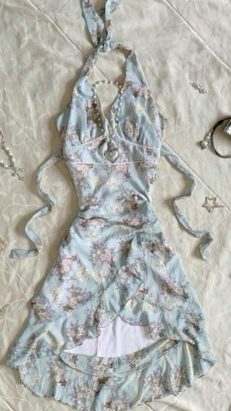 Cute Blue Chiffon Printed Floral Halter Short 8th Grade Homecoming Dress Birthday Outfits