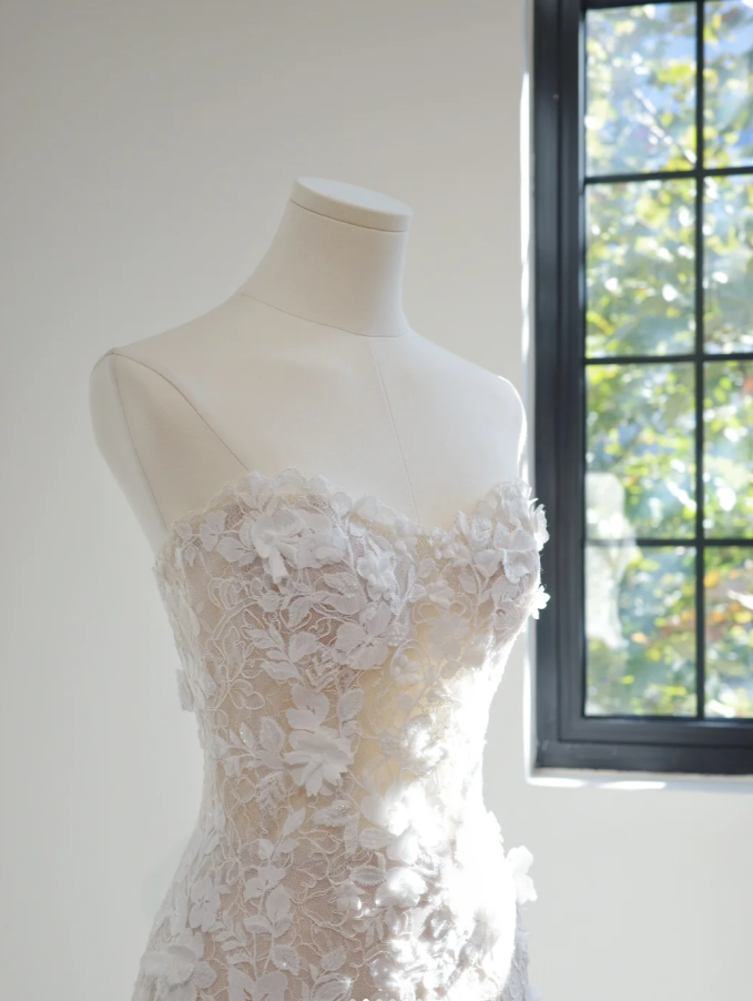 Charming White Strapless Lace Floral Mermaid Long Wedding Dress Formal Bridal Dress