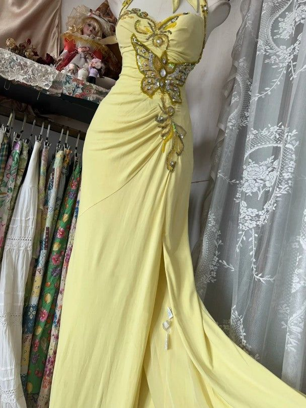 Elegant Yellow Halter Satin Beaded Sequins Evening Dress,Long Mermaid Party Prom Dress