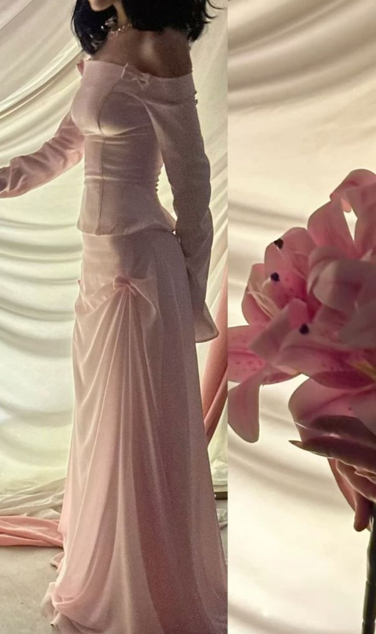 Sweet Two Piece Off The Shoulder Pink Satin Chiffon Mermaid Prom Dress Formal Party Dress