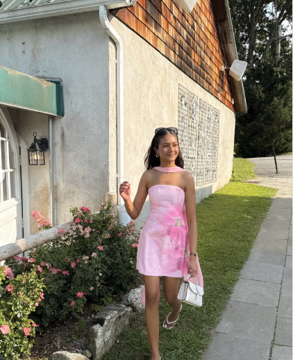 Classy Pink Strapless Satin Printed Floral Short Party Dress Formal Birthday Dress Homecoming Dress With Ribbon