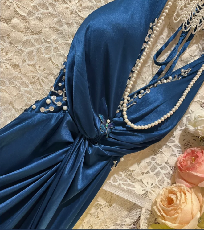 Fashion V Neck Navy Blue Satin Beaded Mermaid Long Party Dress Evening Dress