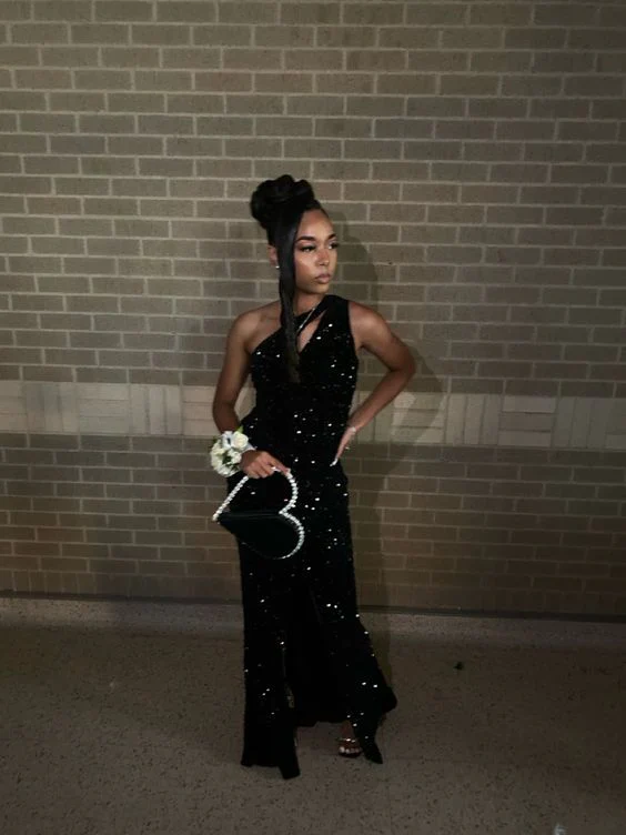 One Shoulder Black Sequins Evening Dress Formal Prom Dress