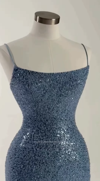 Glamorous Spaghetti Straps Sequins Sheath Long Prom Dress,Blue Party Evening Dress