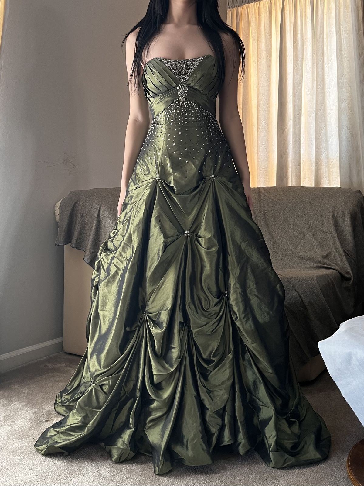 Pretty Strapless Satin Pleated Beaded Ball Gown Green Long Party Dress