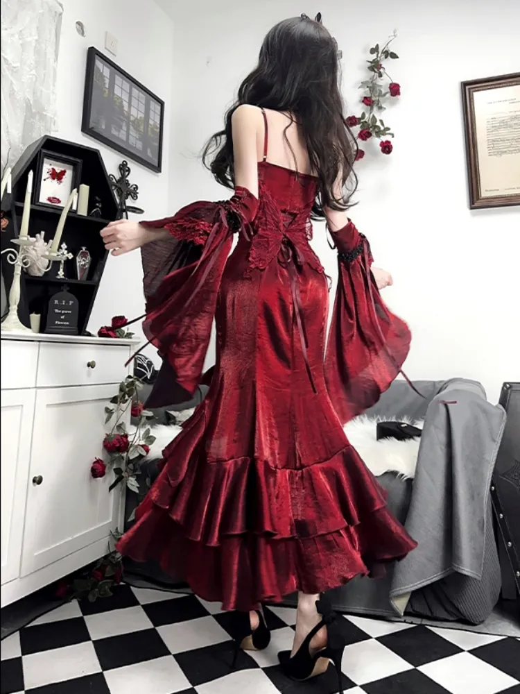 Vintage High Low Spaghetti Straps Floor Length Burgundy Flowers Prom Dresses Birthday Dress