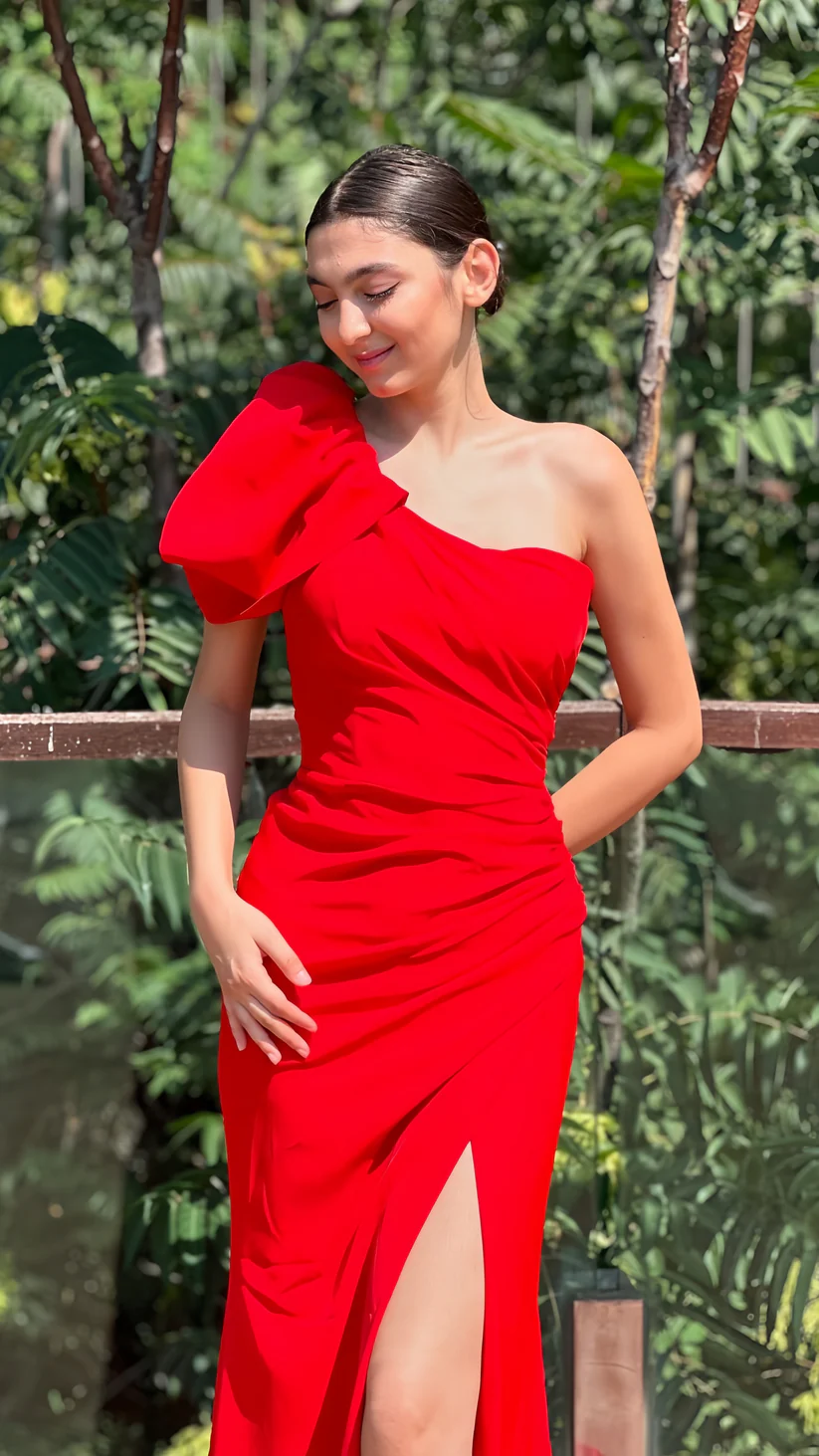 Fashion One Shoulder Red Mermaid Split Long Party Prom Dress
