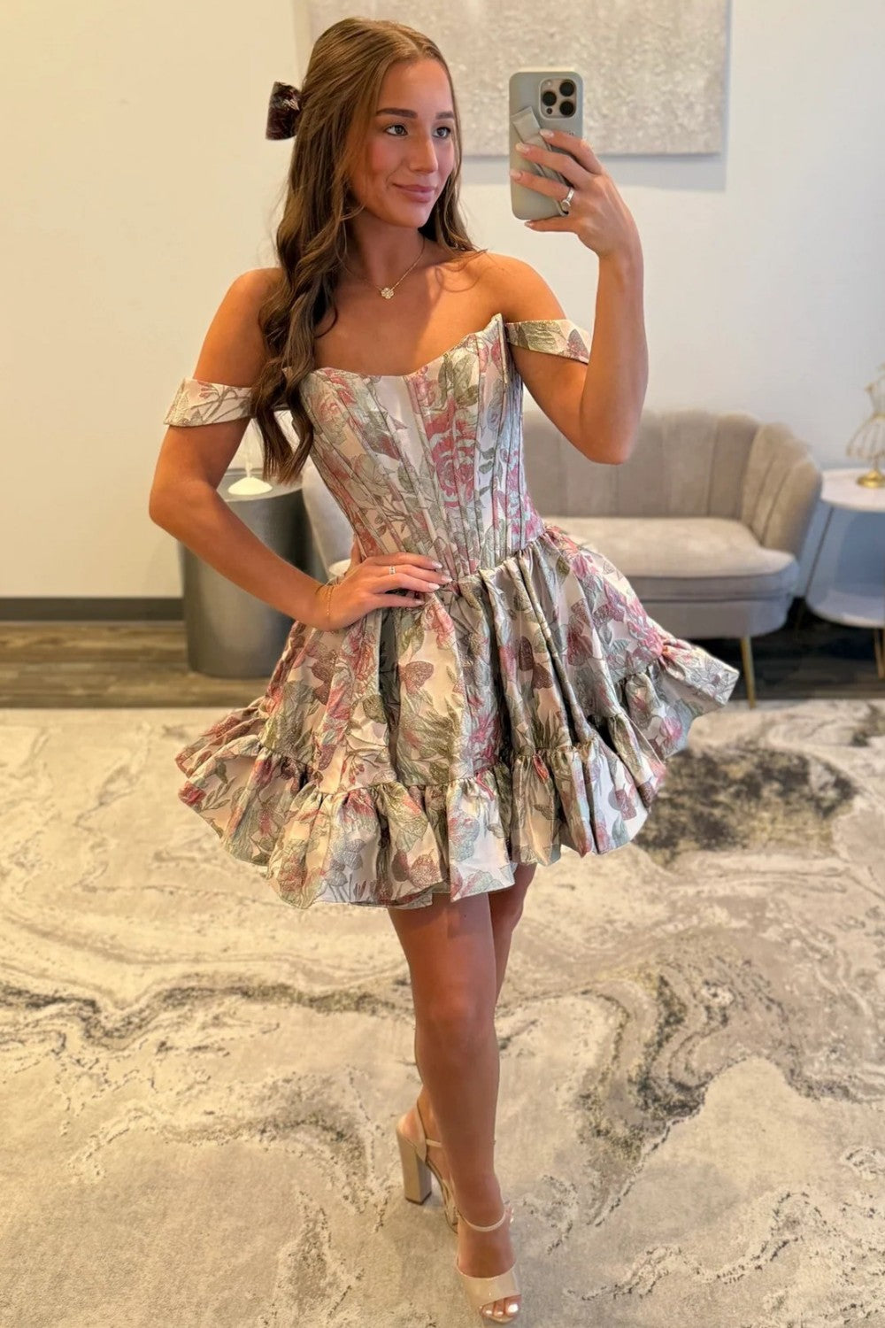 Modern A Line Off the Shoulder Lilac Printed Short Homecoming Dress