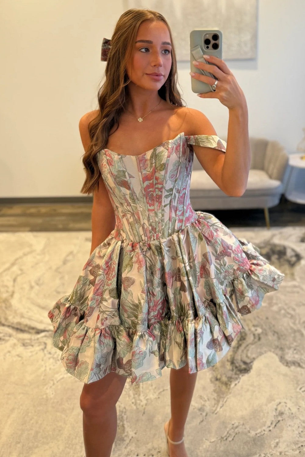 Modern A Line Off the Shoulder Lilac Printed Short Homecoming Dress