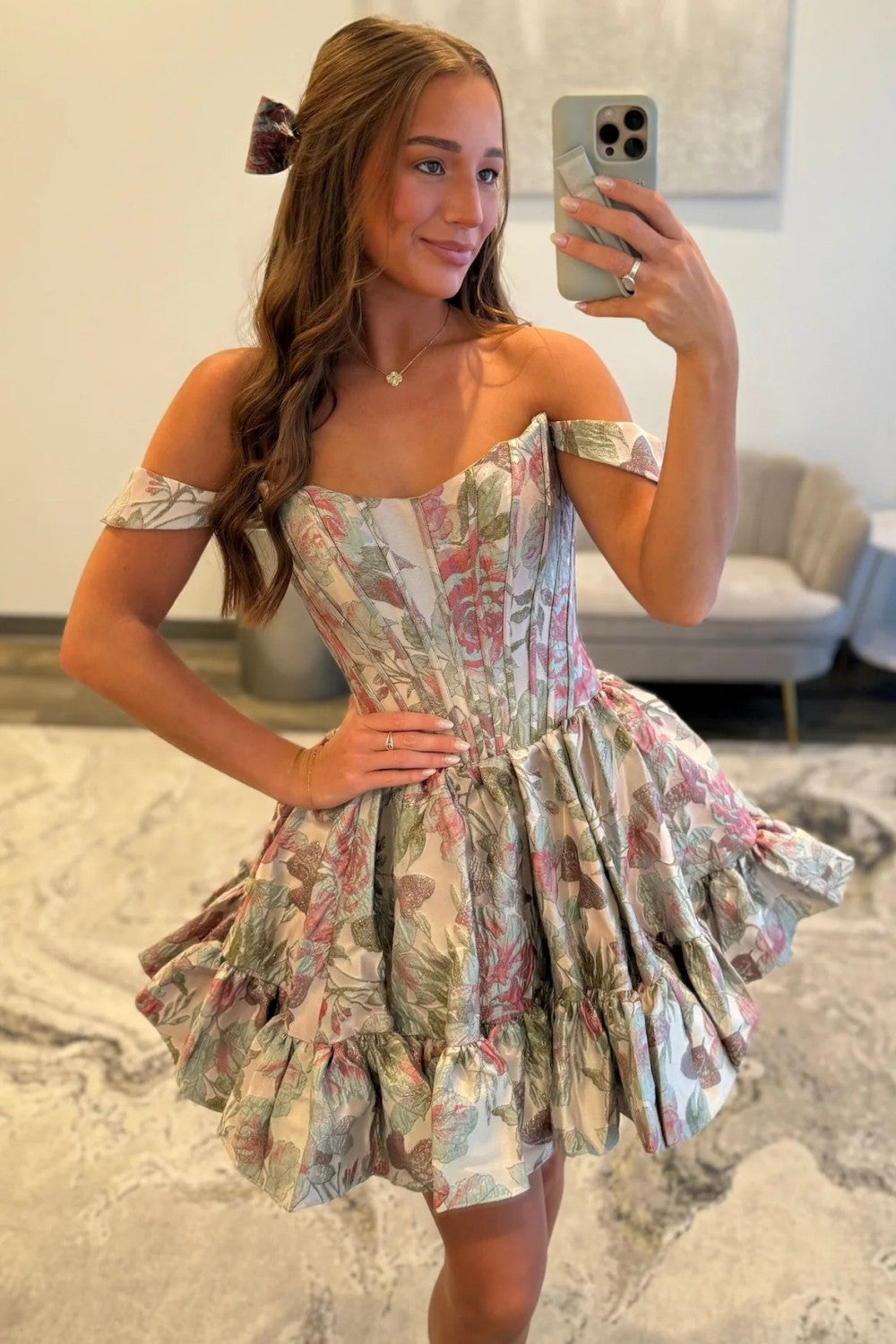 Modern A Line Off the Shoulder Lilac Printed Short Homecoming Dress