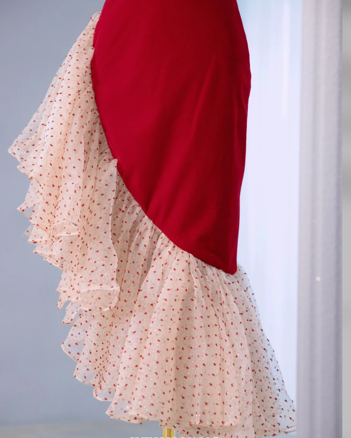 Vintage Red Velvet Ruffle Party Dress Mermaid Birthday Dress