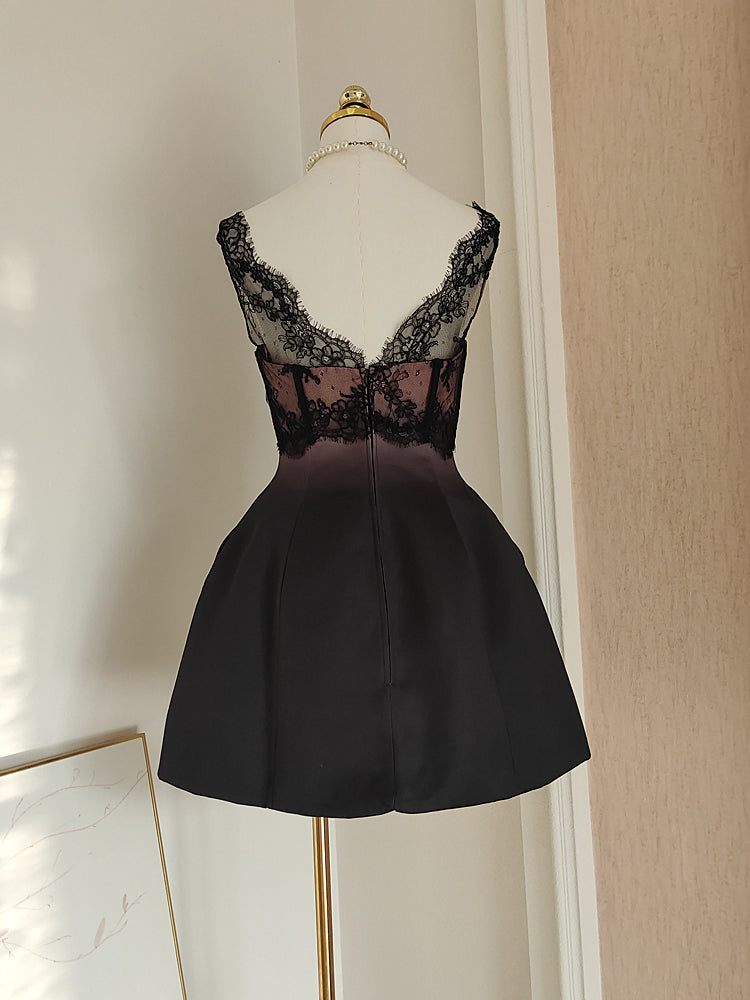 Sexy A line V Neckline Satin Lace Vacation Dresses Short Birthday Dress