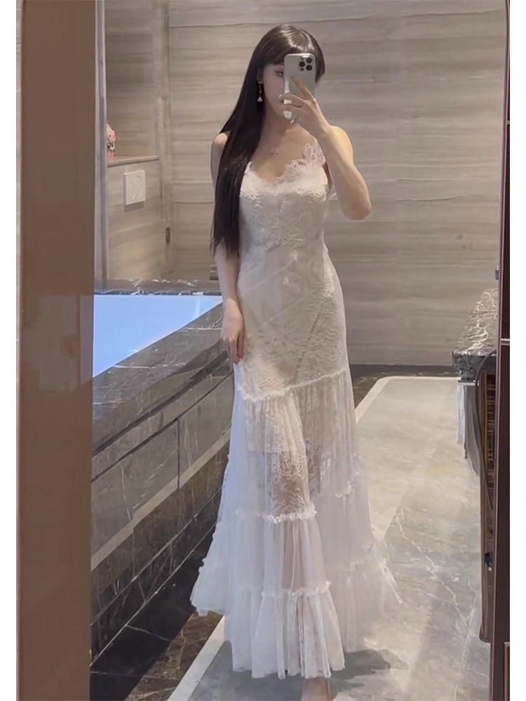 Sexy A line Spaghetti Straps Lace White Chiffon Beach Dress Women's Vacation Dresses