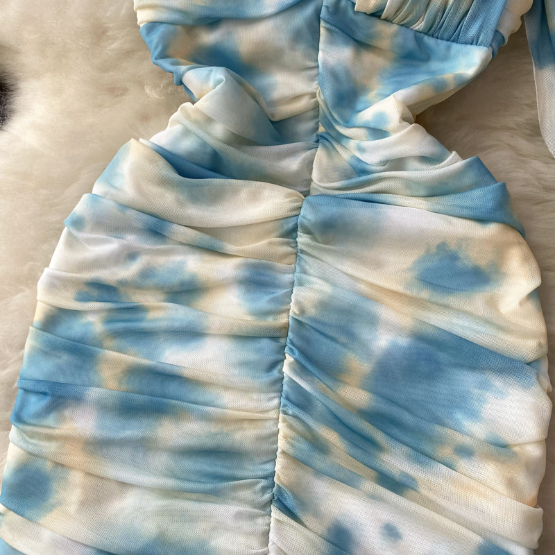 Sexy Sheath Strapless Blue Floral Holiday Dresses Short Length Women's Dress