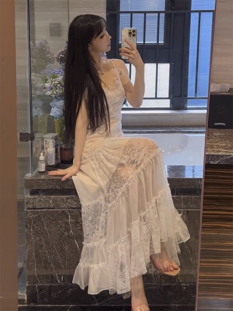 Sexy A line Spaghetti Straps Lace White Chiffon Beach Dress Women's Vacation Dresses