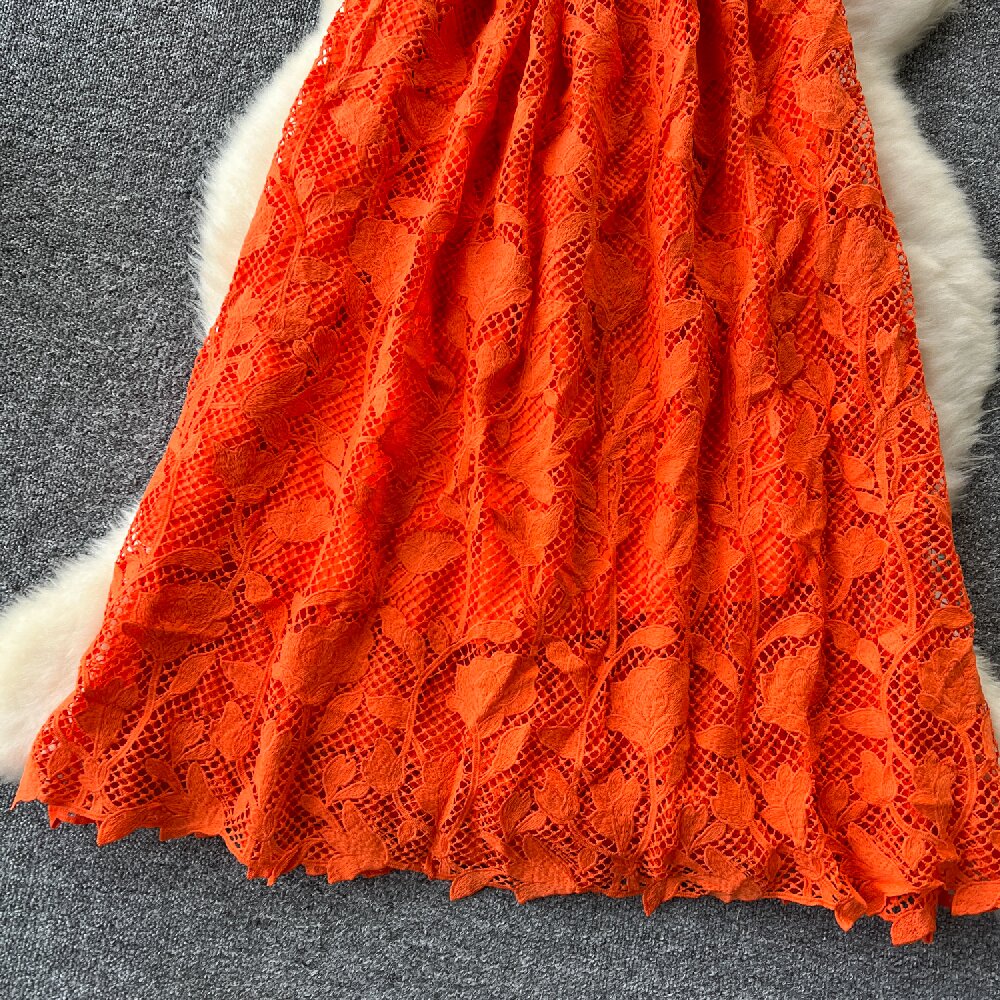 Simple A line Straps Orange Lace Holiday Dresses Midi Length Women's Dress