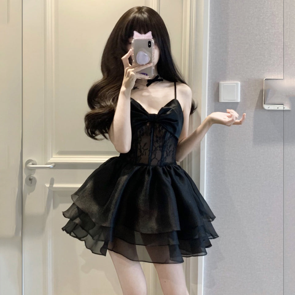Simple A line Spaghetti Straps Chiffon Black Holiday Dress Birthday Dresses Birthday Outfits