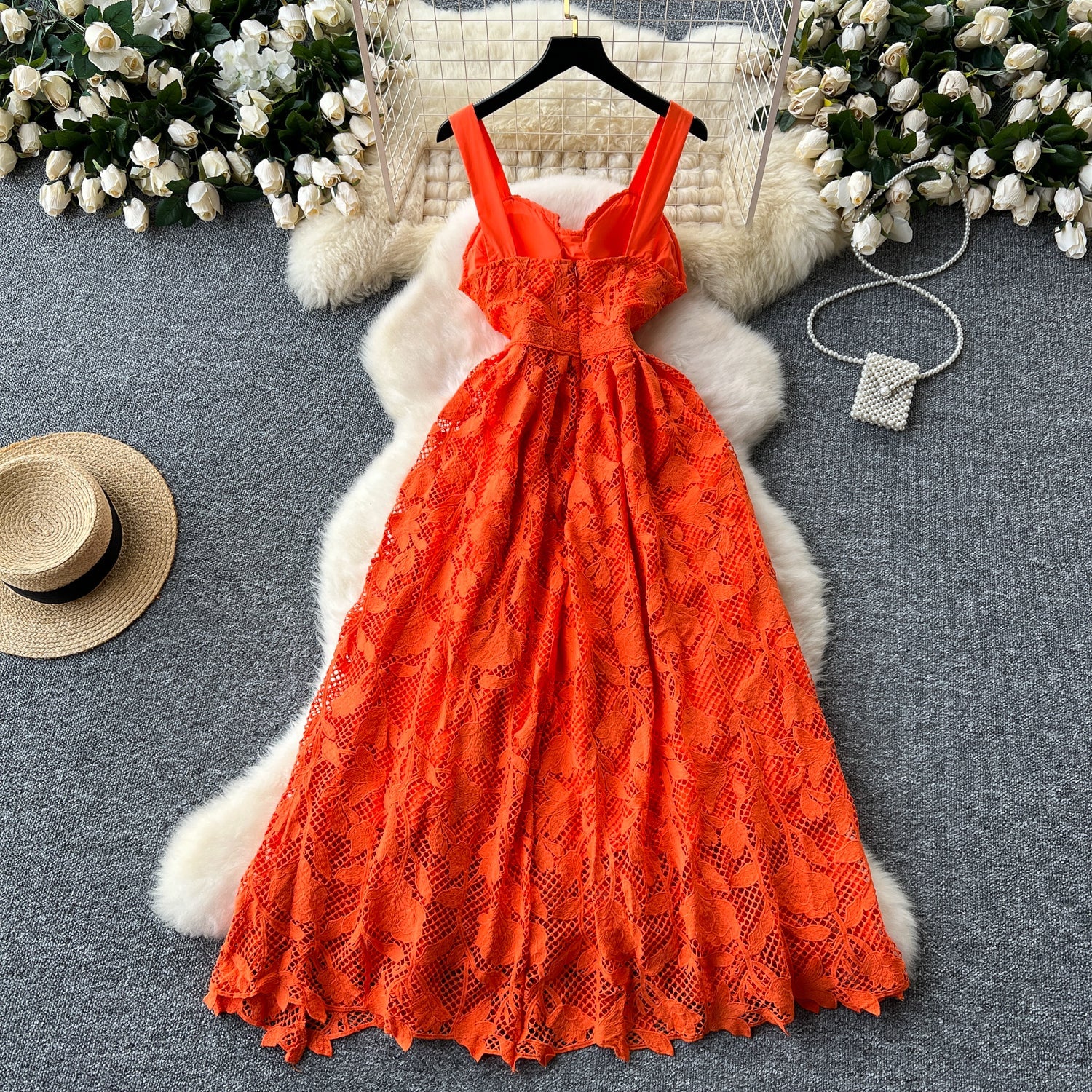 Simple A line Straps Orange Lace Holiday Dresses Midi Length Women's Dress