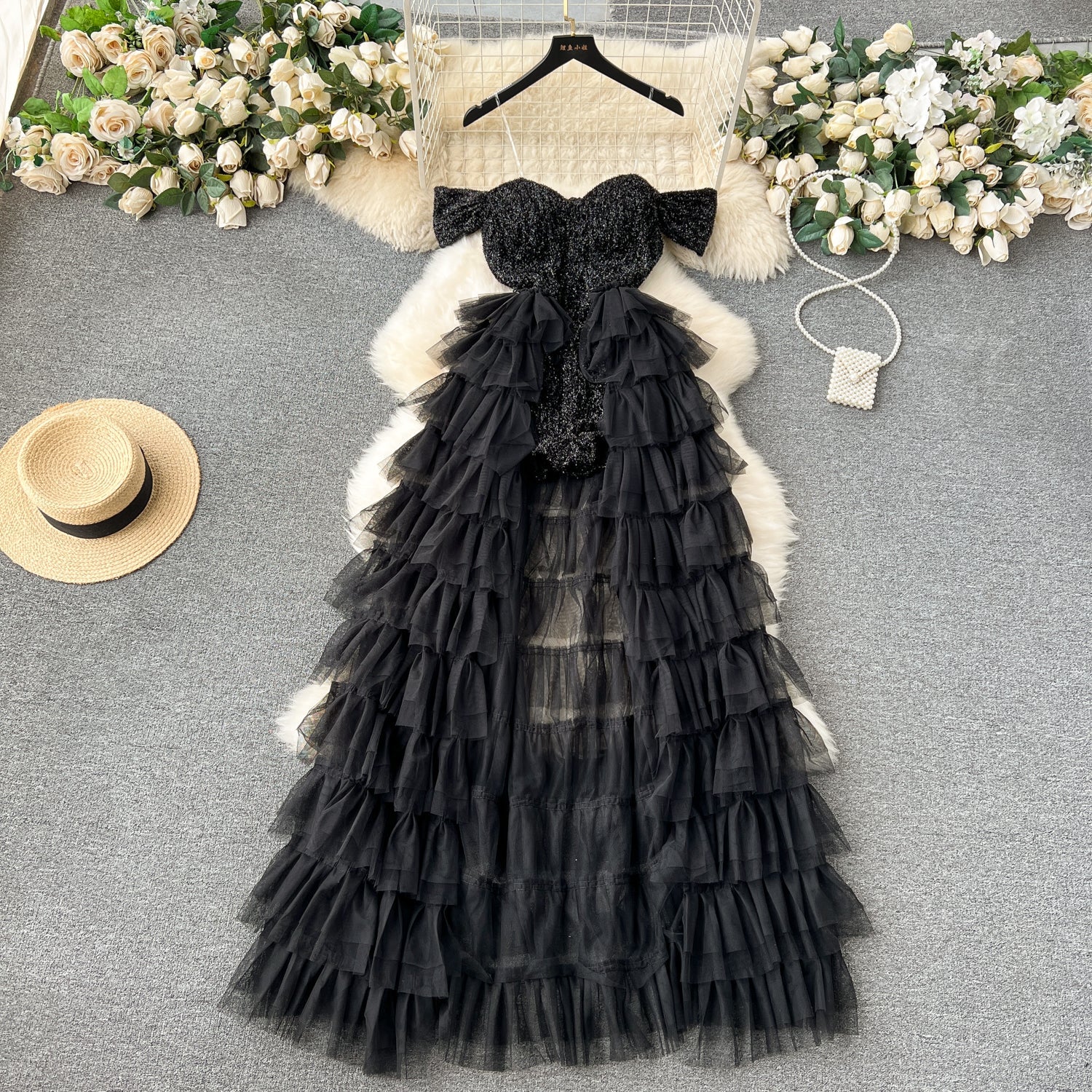 Chic A line Off The Shoulder Tulle Short Sleeves Black Tulle Holiday Dresses Ruffles Women Dress