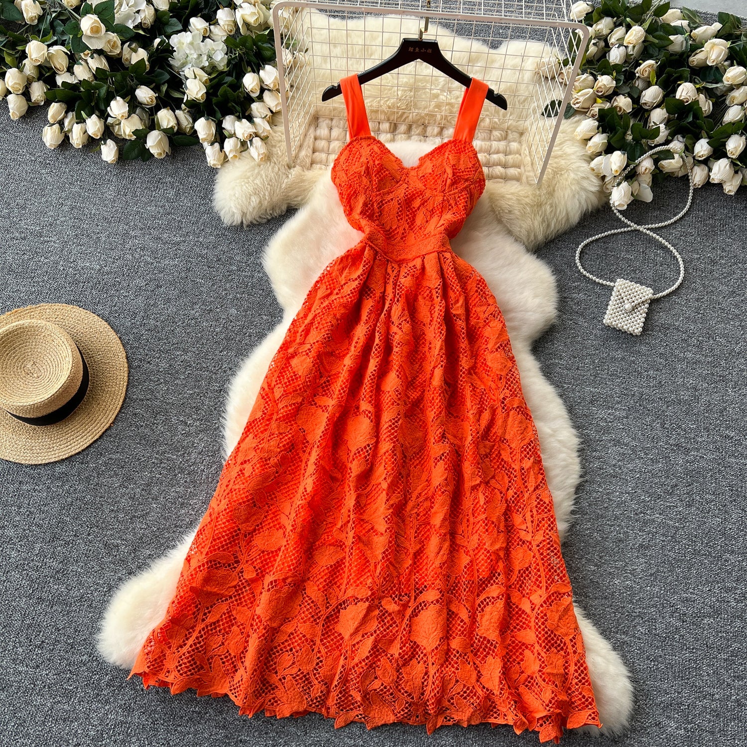 Simple A line Straps Orange Lace Holiday Dresses Midi Length Women's Dress