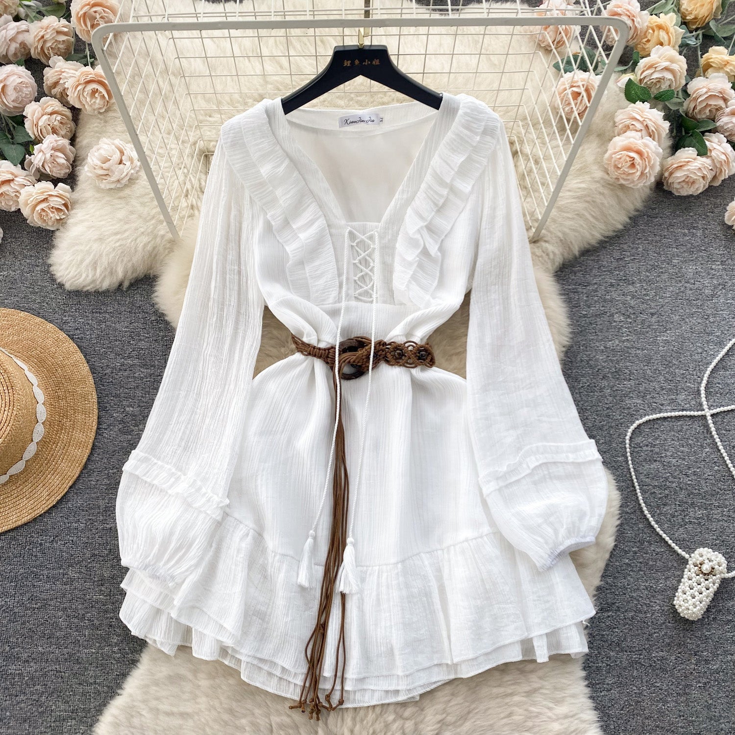 Vintage A line V Neckline Long Sleeves White Holiday Dresses Women's Dress