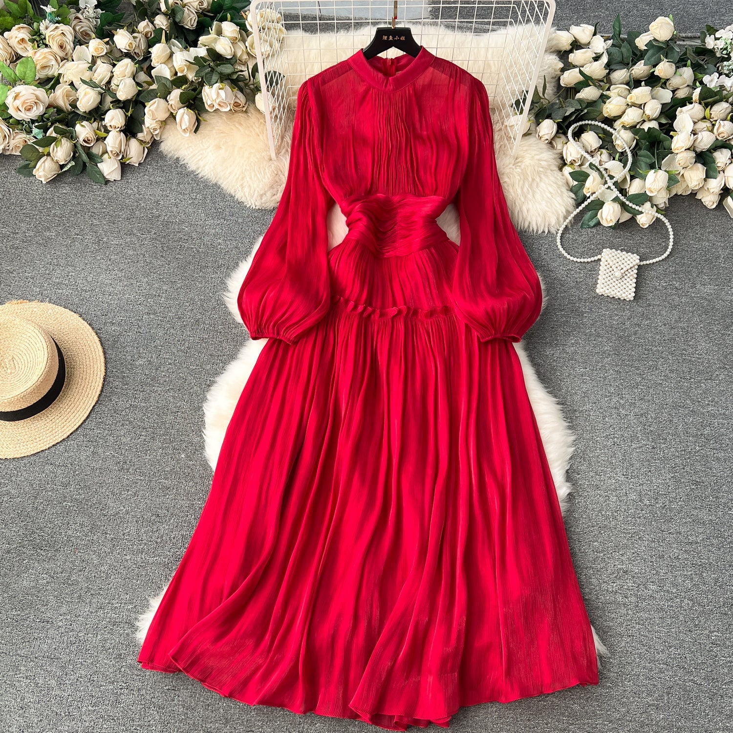 Vintage A line Scoop Long Sleeves Red Holiday Dresses Women's Dress