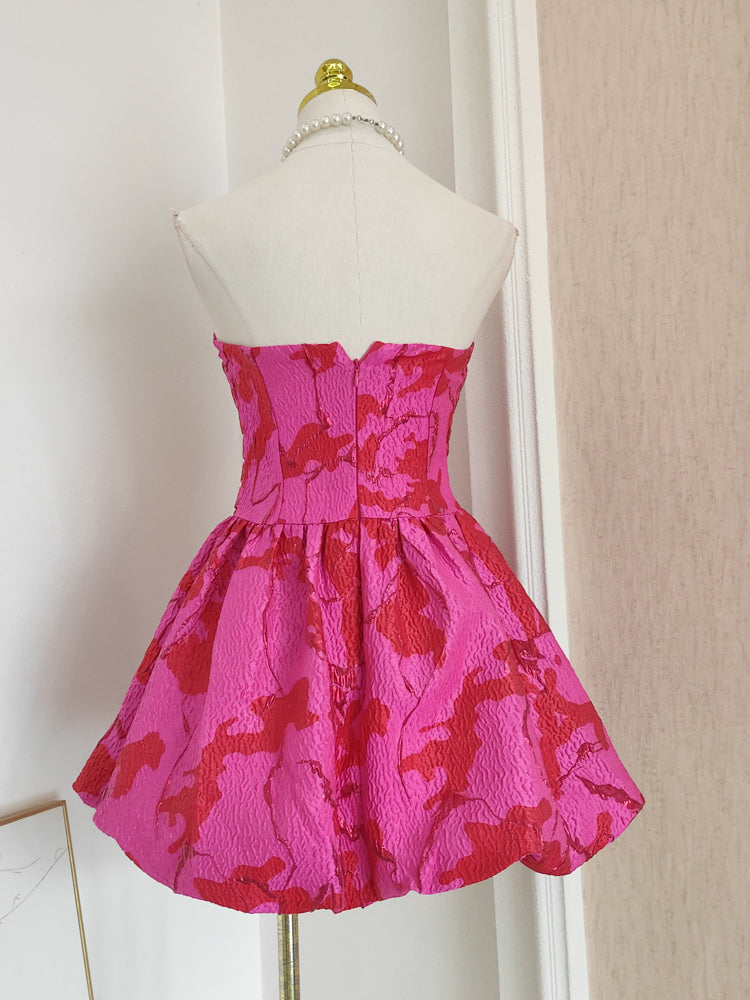 Sexy A line Strapless Satin Pink Floral Vacation Dresses Short Birthday Dress