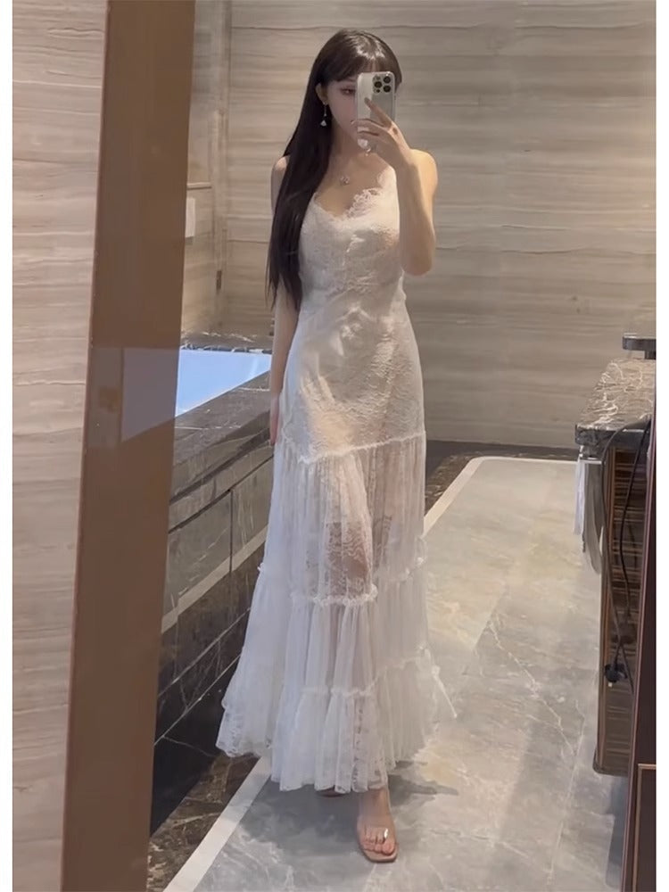 Sexy A line Spaghetti Straps Lace White Chiffon Beach Dress Women's Vacation Dresses