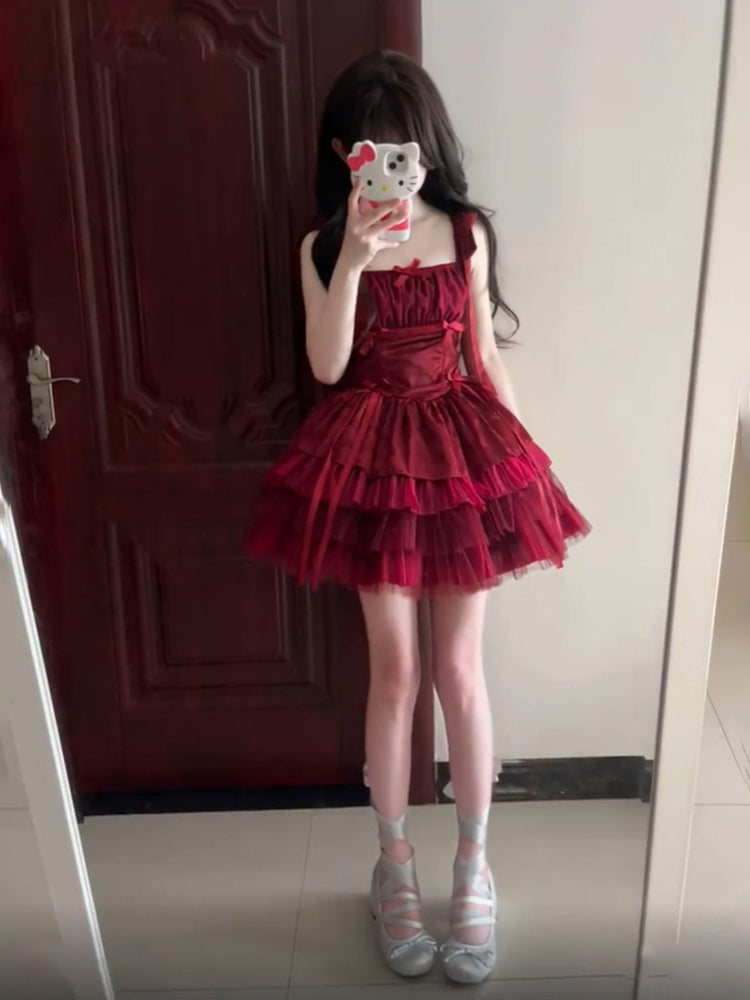 French Ball Gown Square Neckline Short Tulle Burgundy Lolita Dresses Party Dress Birthday Outfits