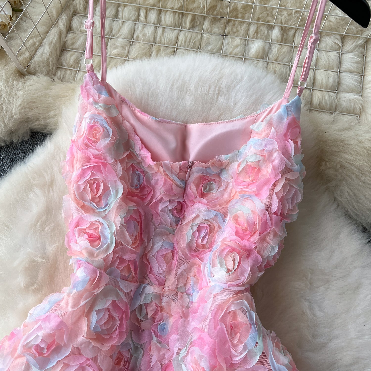 Cute A line Spaghetti Straps Pink Floral Holiday Dresses Midi Length Women's Dress