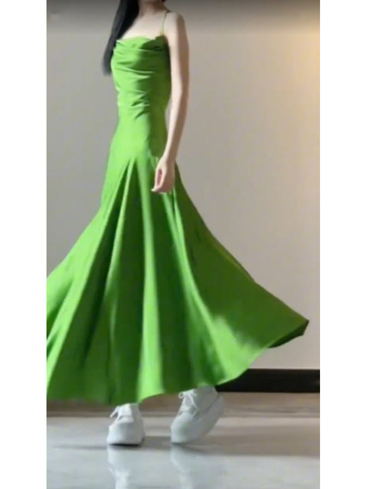 Sexy A line Spaghetti Straps Green Holiday Dress Satin Birthday Dresses Birthday Outfits