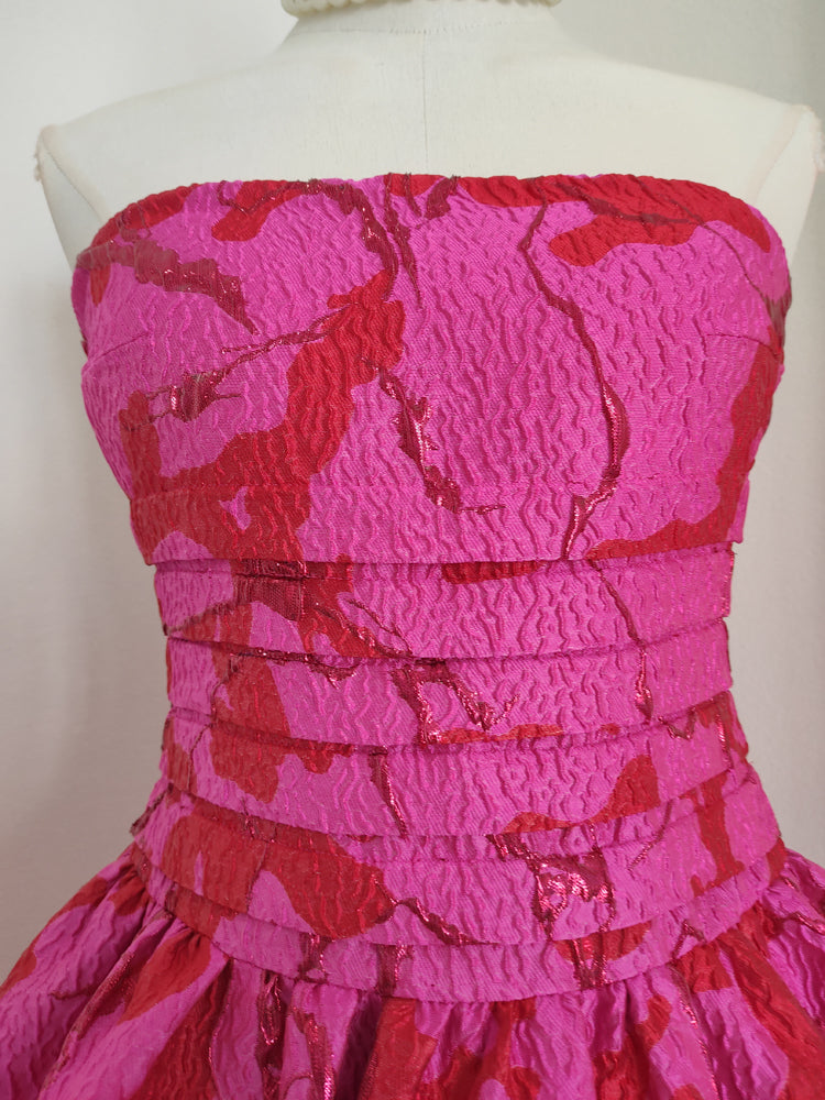 Sexy A line Strapless Satin Pink Floral Vacation Dresses Short Birthday Dress