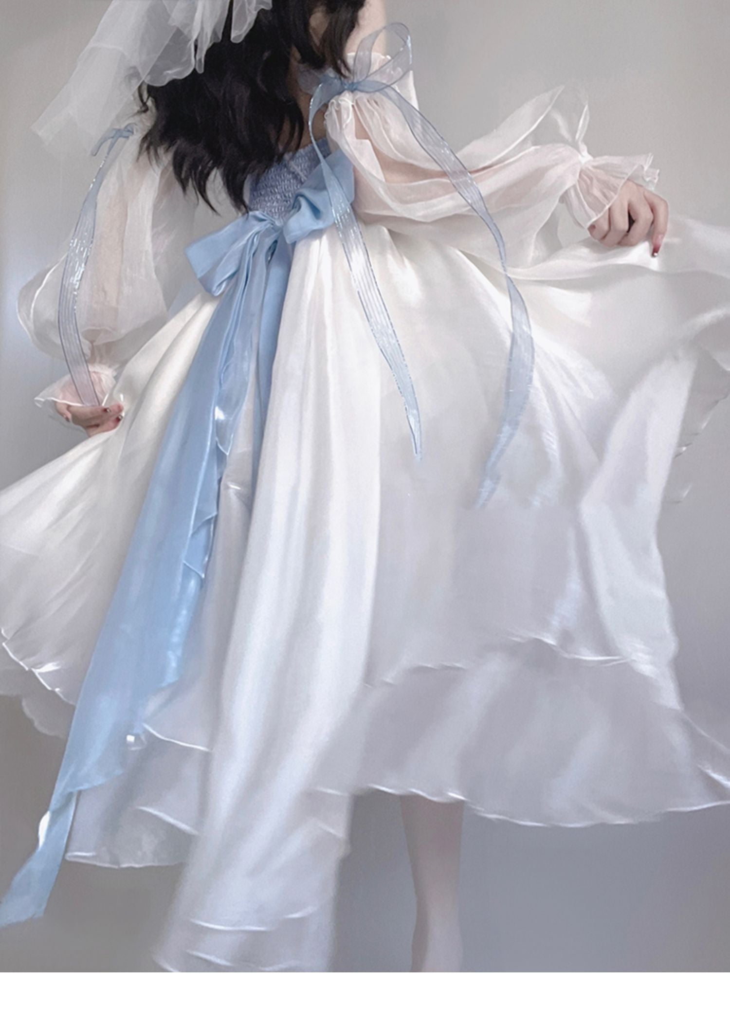 Modest Ball Gown Strapless Blue Organza Floral Holiday Lolita Dress Birthday Dresses Birthday Outfits