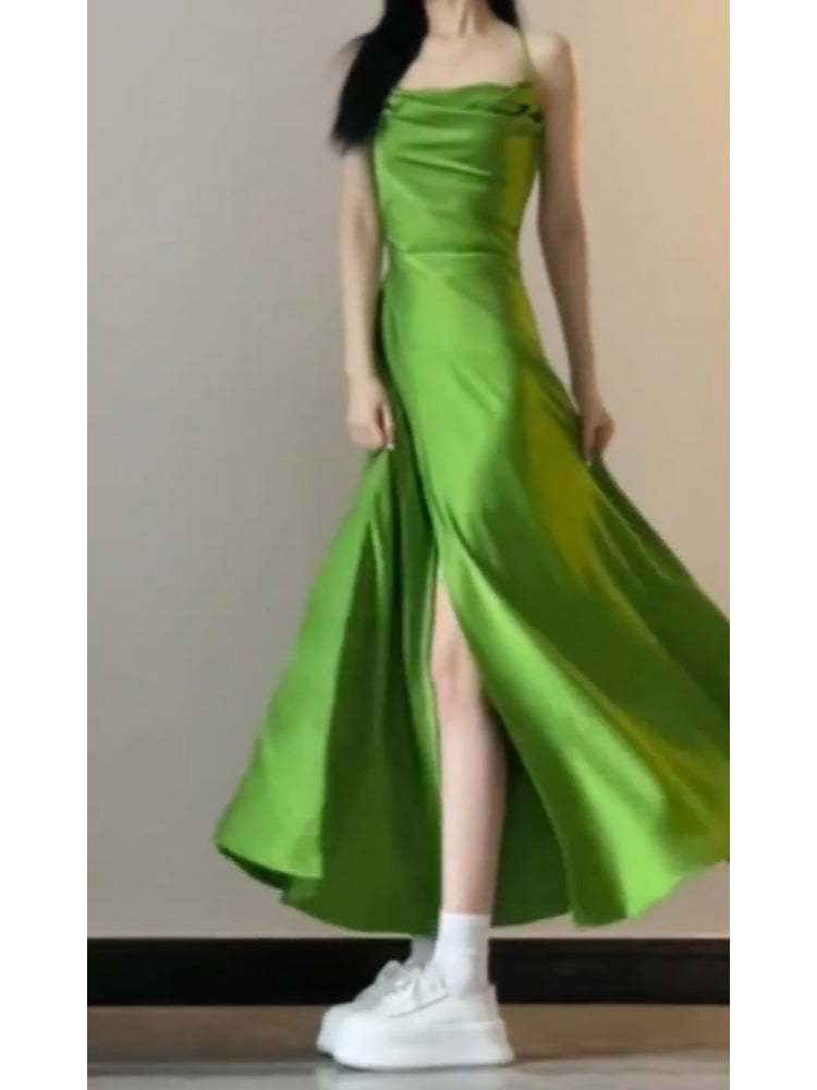 Sexy A line Spaghetti Straps Green Holiday Dress Satin Birthday Dresses Birthday Outfits