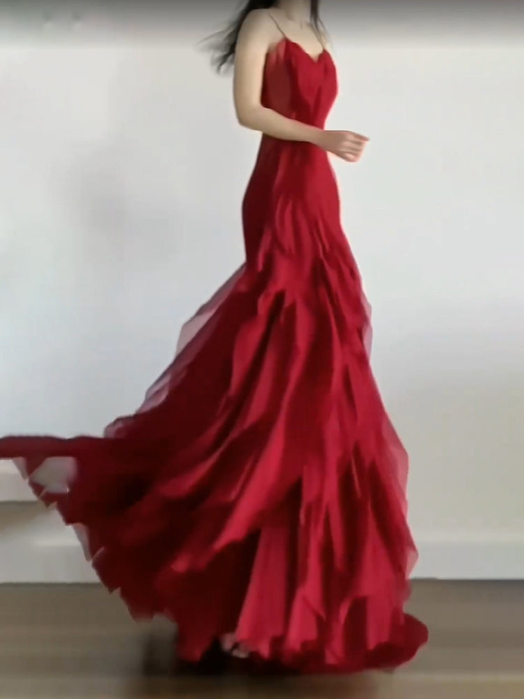 Sexy Mermaid Spaghetti Straps Red Chiffon Ruffles Birthday Dresses Long Prom Dress