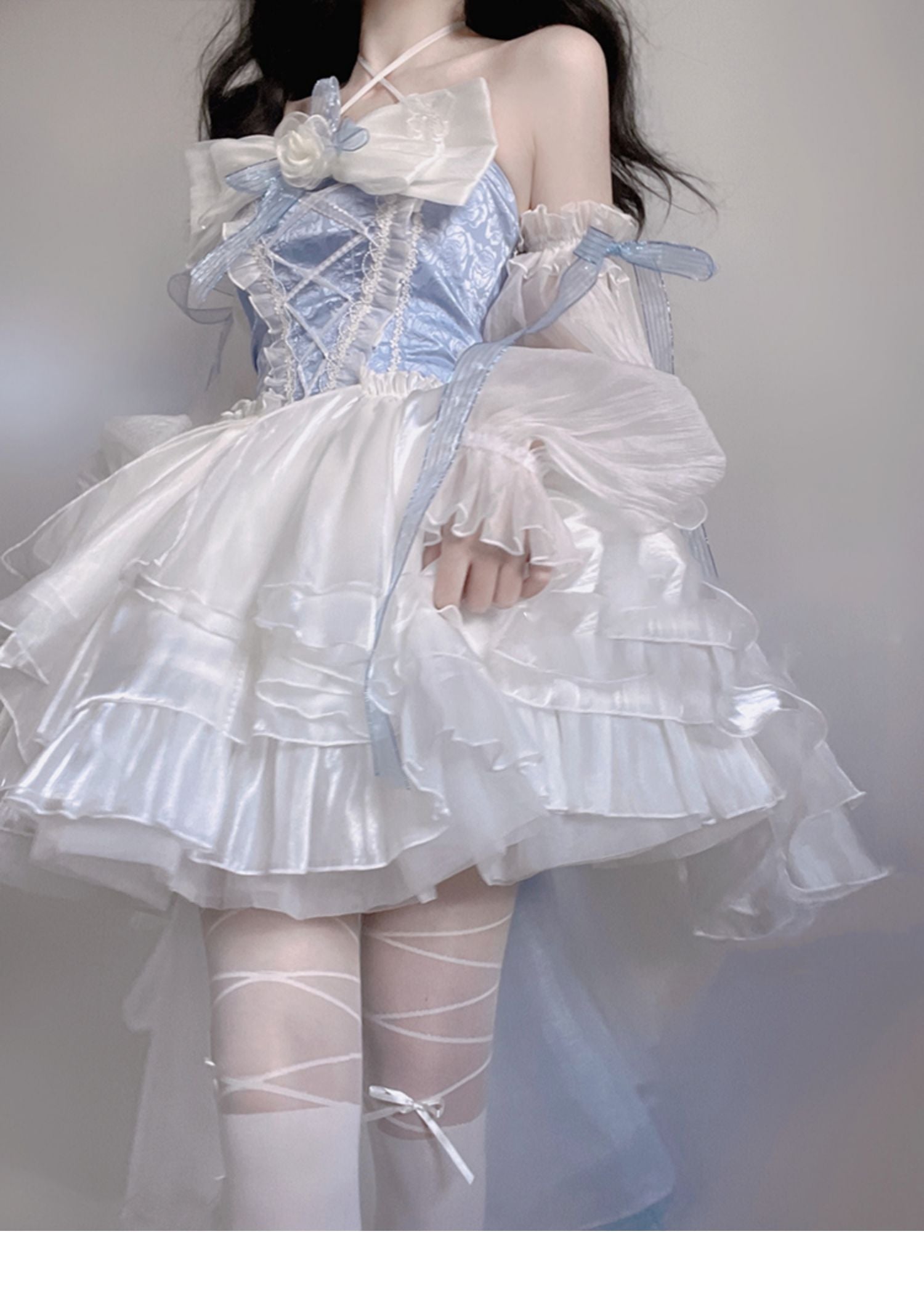 Modest Ball Gown Strapless Blue Organza Floral Holiday Lolita Dress Birthday Dresses Birthday Outfits