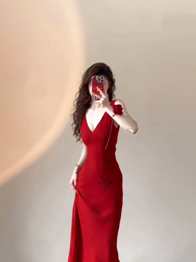 Sexy Mermaid V Neckline Christmas Dress Red Satin Prom Dresses Birthday Outfits
