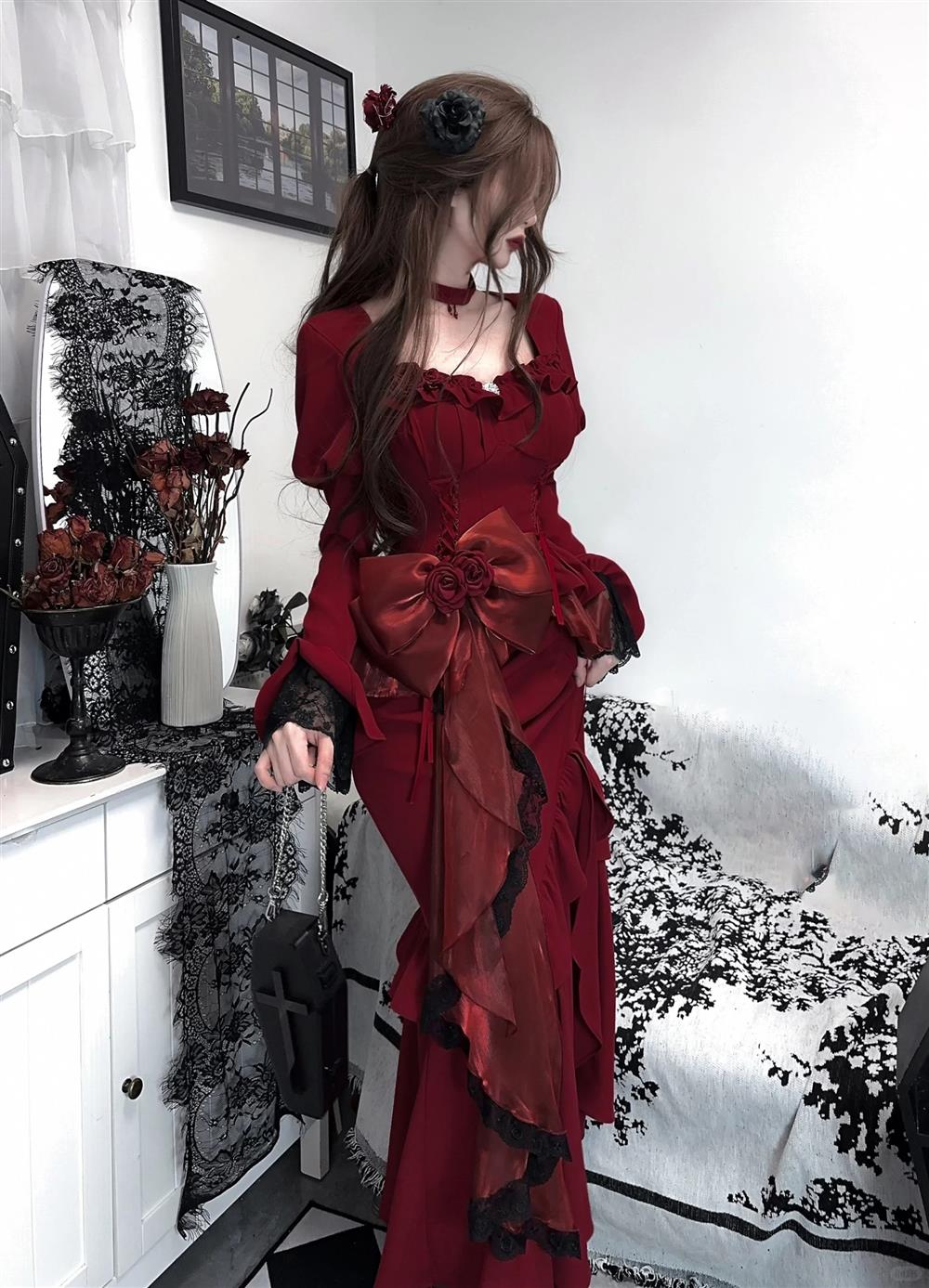 Princess Mermaid Sweetheart Lolita Dress Christmas Dress Burgundy Birthday Dresses